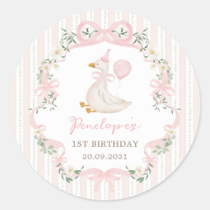 Ett Fånig Goose Coquette Rosa Bow Blommigt Birthda Runt Klistermärke