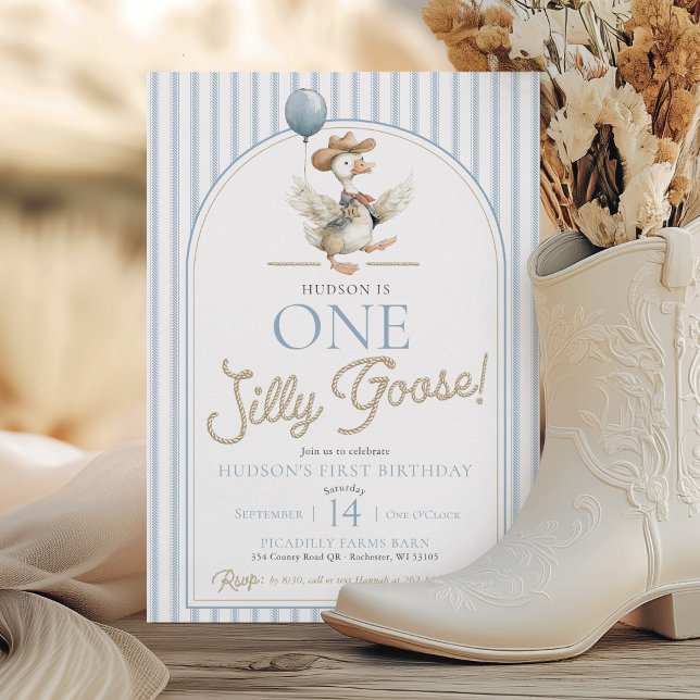 Ett Fånig Goose Cowboy Western Cute 1:a födelsedag Inbjudningar (Cute ONE Silly Goose modern arch blue and tan brown Western Wild West boy 1st Birthday Invitation)