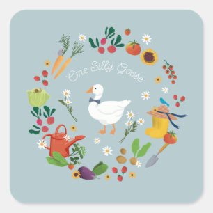 Ett Fånig Goose Farmer Garden Theme Blue Fyrkantigt Klistermärke