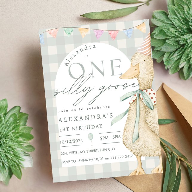Ett Fånig Goose Gingham 1:a födelsedagen Inbjudningar (One Silly Goose Gingham 1st Birthday Invitation)