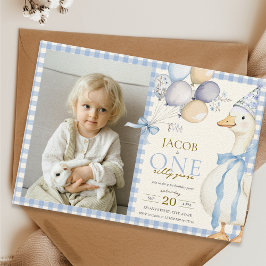 Ett Fånig Goose Gingham Blue 1 Birthday Photo Inbjudningar