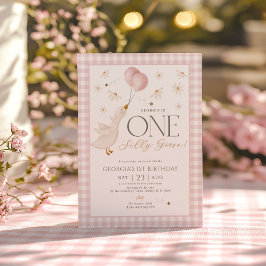 Ett Fånig Goose Girls 1st Birthday Rosa Gingham Inbjudningar