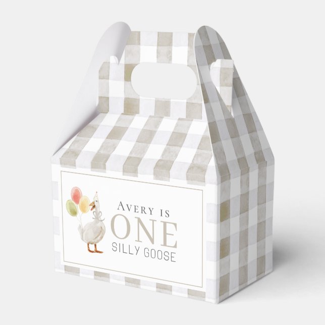 Ett Fånig Goose Greige Gingham 1:a födelsedagen Presentaskar (Framsidan Sidan)