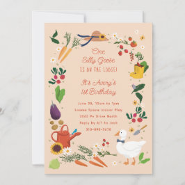 Ett Fånig Goose Peach Farmer Garden Theme Birthday Inbjudningar
