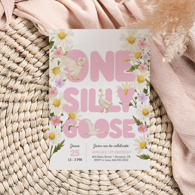 Ett Fånig Goose | Rosa Blommigt Girls 1:a födelsed Inbjudningar (Skapare uppladdad)