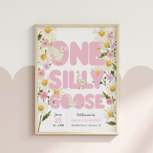 Ett Fånig Goose   Rosa Blommigt Girls 1:a födelsed Poster