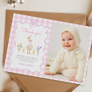 Ett Fånig Goose Rosa Gingham 1:a födelsedagsfoto Tack Kort