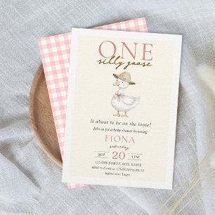 Ett Fånig Goose Rosa Gingham Girl Baby Shower Inbjudningar