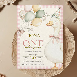 Ett Fånig Goose Rosa Gingham Girl's 1st Birthday Inbjudningar