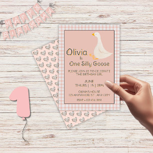 Ett Fånig Goose Rosa Gingham Girl's Födelsedagsfes Inbjudningar