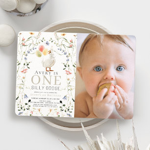 Ett Fånig Goose Wildblomfoto 1:a födelsedagen Inbjudningar