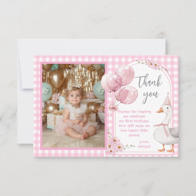ETT FÅNIG GÖR ROSA GINGHAM FÖRSTA BIRTHDAG TACK KORT (Framsida)