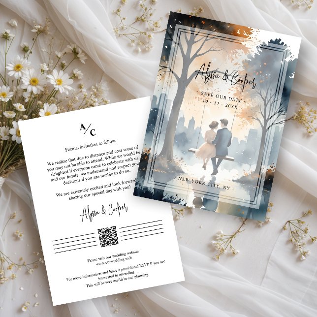 Ett fantastiskt utsökt par som byter NY Park Bröll Spara Datumet (Gorgeous Exquisite Couple Swinging in NY Park Wedding Save the Dates Cards.)
