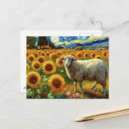 Ett får i en solrosfält vykort