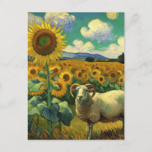 Ett får med horn i solrosfäl tet av Van Gogh Vykort