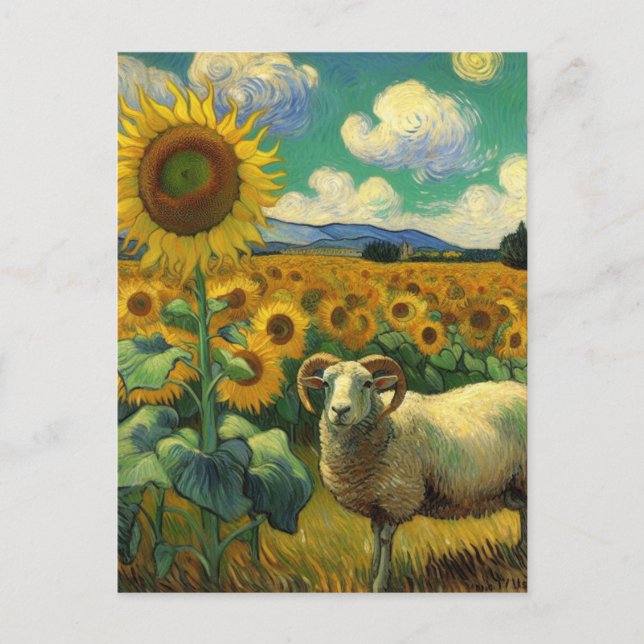 Ett får med horn i solrosfältet Van Gogh Vykort (Framsida)