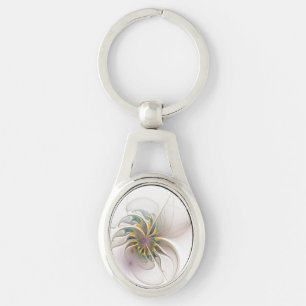 Ett färglöst fraktalt ornament. Abstrakt Flower ar Ovalt Silverfärgad Nyckelring