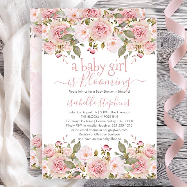 Ett Flicka blommar Rosa Blommigt Babyskuva Inbjudningar (A Baby Girl Is Blooming Pink Roses Floral Baby Shower Invitation - Print | Digital Download)