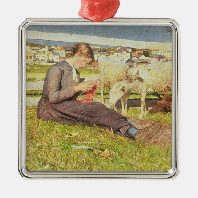 Ett flickahandarbete, 1888 (olja på kanfas) julgransprydnad metall (Framsidan)