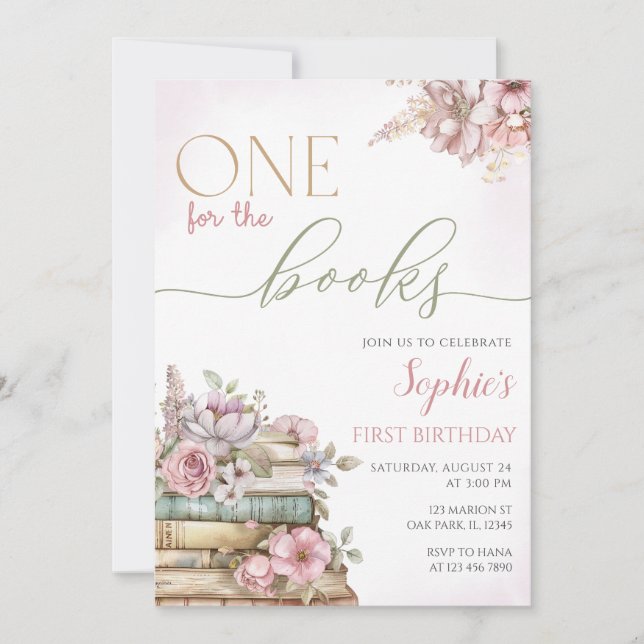 Ett för bokar Rosa Bok Första födelsedag Inbjudningar (Framsida)