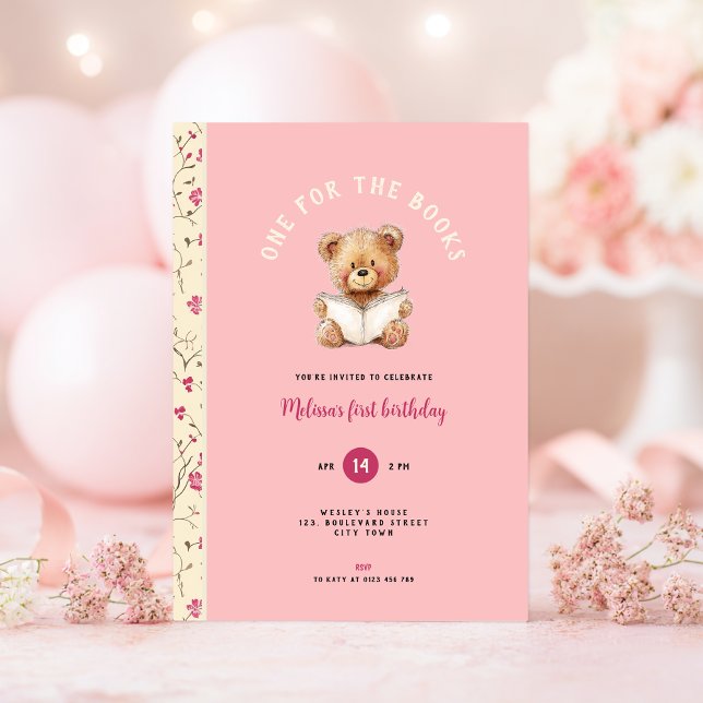 Ett för boken 1-års födelsedagsinbjudan för flicko inbjudningar (One for the book 1st birthday invitation)