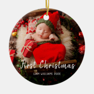 Ett foto baby-första doktor i modern vit text julgransprydnad keramik