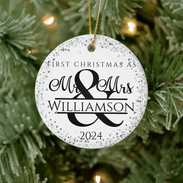 Ett foto första jul, gift Mr & Mrs Glitter Julgransprydnad Keramik (Träd)