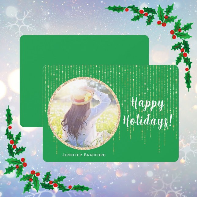Ett foto-Grönt Glad helg Guld Glitter Julkort (Happy Holidays Single Photo Green Holiday Card)