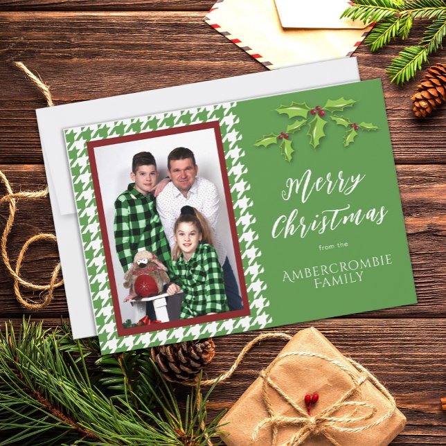 Ett foto-Grönt och vit houndstooth Julkort (Green & White Houndstooth Christmas Card)
