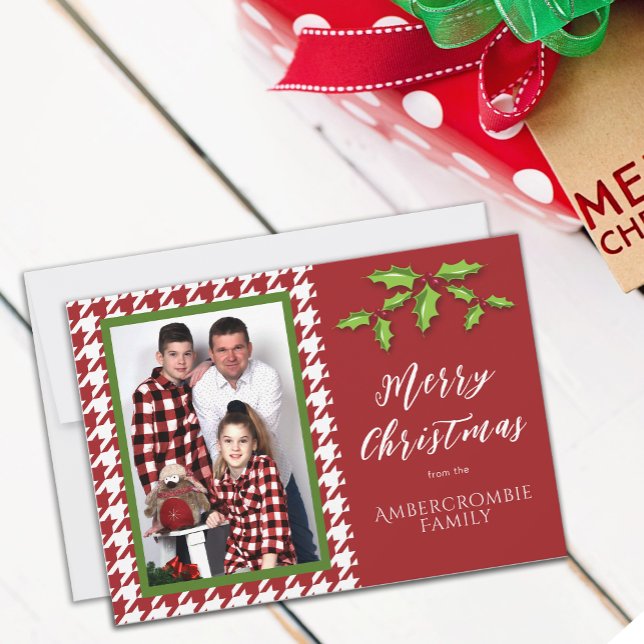 Ett foto Red and White Houndstooth Julkort (Red & White Houndstooth Christmas Card)