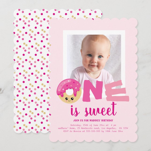 Ett foto Rosa Donut Baby första födelsedag Inbjudningar (Fram/baksida)