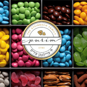 Ett Freilichen Purim-skript med Guld Runt Klistermärke