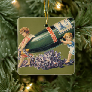 Ett Gott Nytt År, Vintage Änglar med Champagne Julgransprydnad Keramik