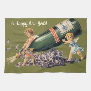 Ett Gott Nytt År, Vintage Änglar med Champagne Kökshandduk