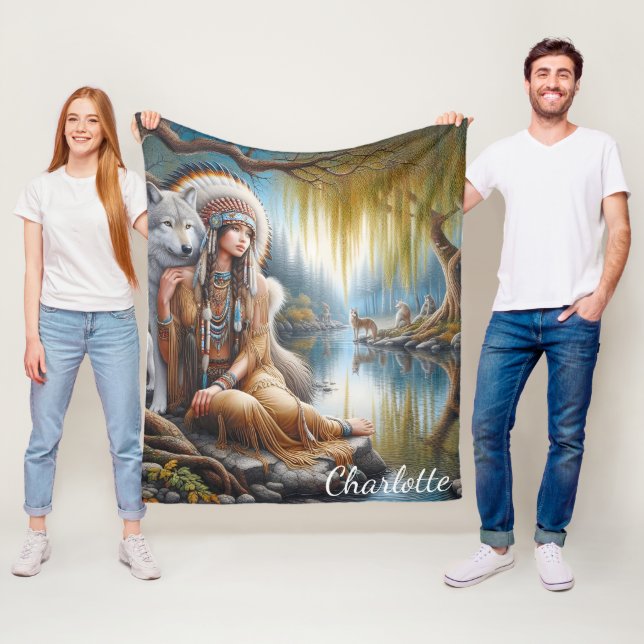 Ett gott ögonblick vid floden med en varg sällskap fleecefilt (På plats)