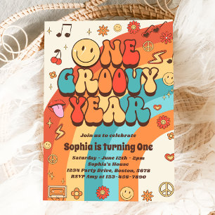 Ett Groovy-år Retro-regnbåge 1:a födelsedag Party Inbjudningar