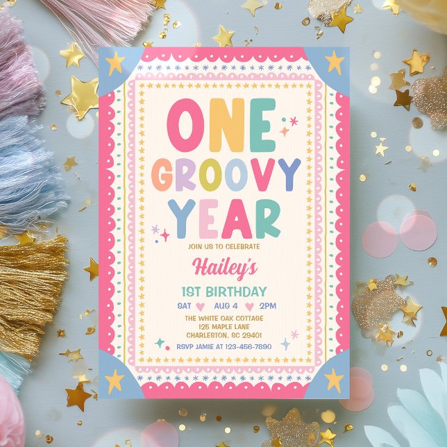 Ett Groovy år Whimsical Flicka 1-års Födelsedagsfe Inbjudningar (Skapare uppladdad)