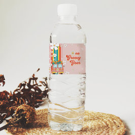 Ett Groovy-års retro-regnbåge första födelsedag Vattenflaskor Etikett