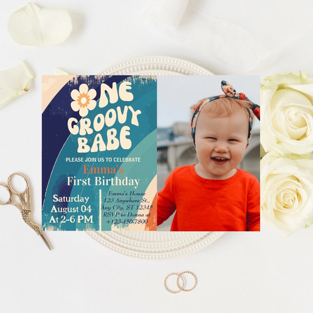 ETT Groovy Babe  1:a födelsedag Groovy One Foto Inbjudningar (Skapare uppladdad)