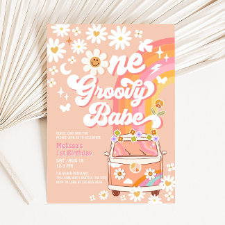 ETT Groovy Babe Daisy Rainbow Groovy 1-årsfest Inbjudningar