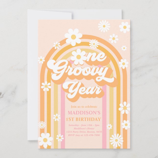 Ett Groovy Year Boho Daisy Rainbow 1 Birthday Inbjudningar (Framsida)