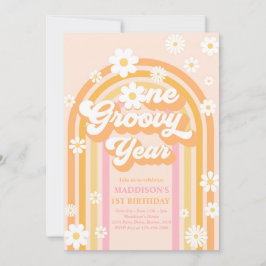 Ett Groovy Year Boho Daisy Rainbow 1 Birthday Inbjudningar