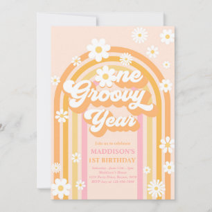 Ett Groovy Year Boho Daisy Rainbow 1 Birthday Inbjudningar