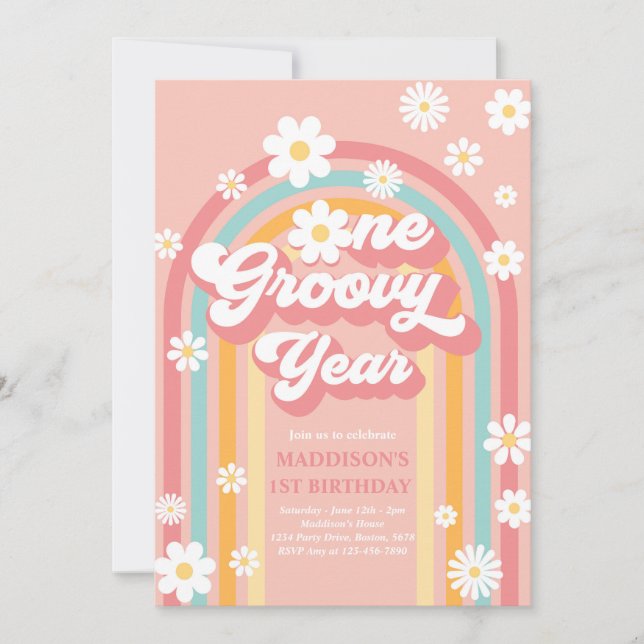 Ett Groovy Year Boho Daisy Rainbow 1 Birthday Inbjudningar (Framsida)