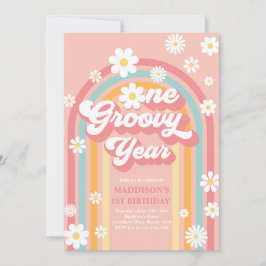Ett Groovy Year Boho Daisy Rainbow 1 Birthday Inbjudningar