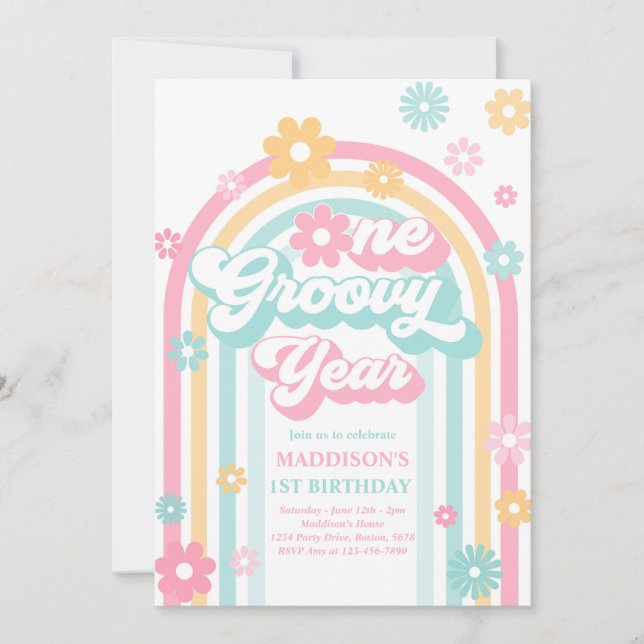 Ett Groovy Year Boho Daisy Rainbow 1 Birthday Inbjudningar (Framsida)