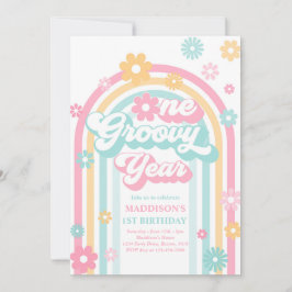 Ett Groovy Year Boho Daisy Rainbow 1 Birthday Inbjudningar