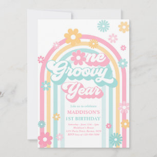 Ett Groovy Year Boho Daisy Rainbow 1 Birthday Inbjudningar