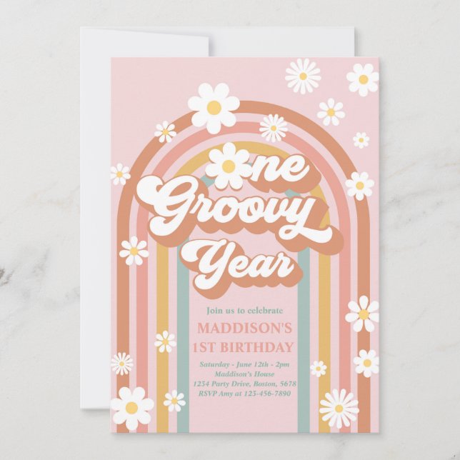 Ett Groovy Year Boho Daisy Rainbow 1 Birthday Inbjudningar (Framsida)