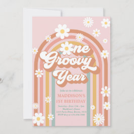 Ett Groovy Year Boho Daisy Rainbow 1 Birthday Inbjudningar